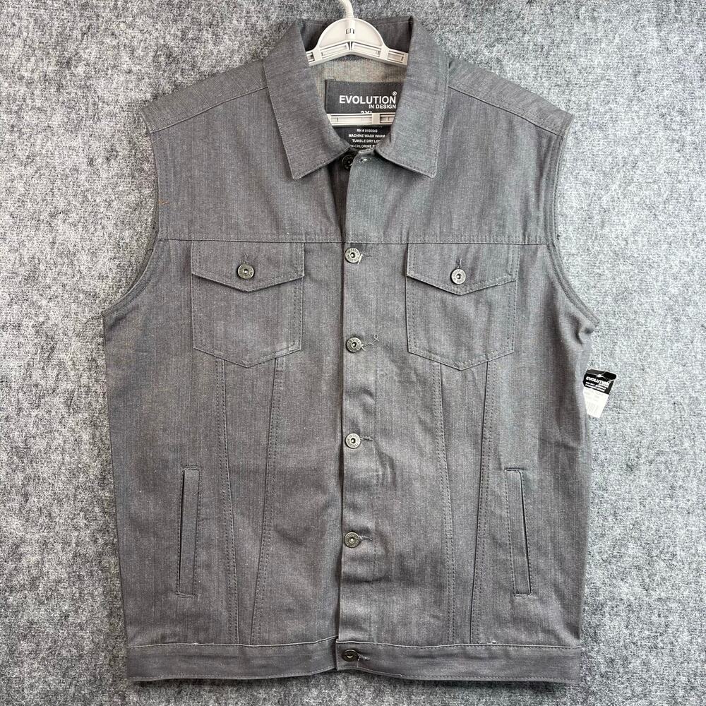 EVOLUTION IN DESIGN Men's 3XL Grey Denim Sleeveless Vest Jacket Retro Collar